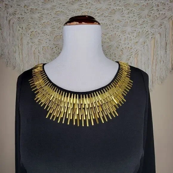 Calvin Klein Embellished Neck Long Sleeve Dress Black Gold Size 6 - Picture 7 of 12